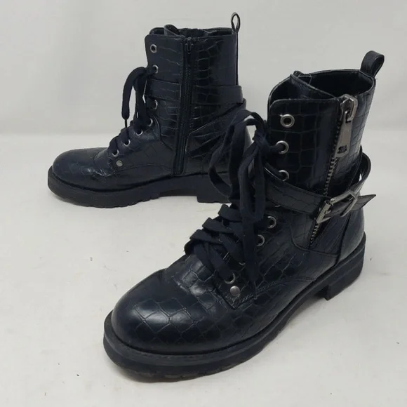 MIA Black Faux Croc-Embossed Combat Boots size 6 - Picture 1 of 8
